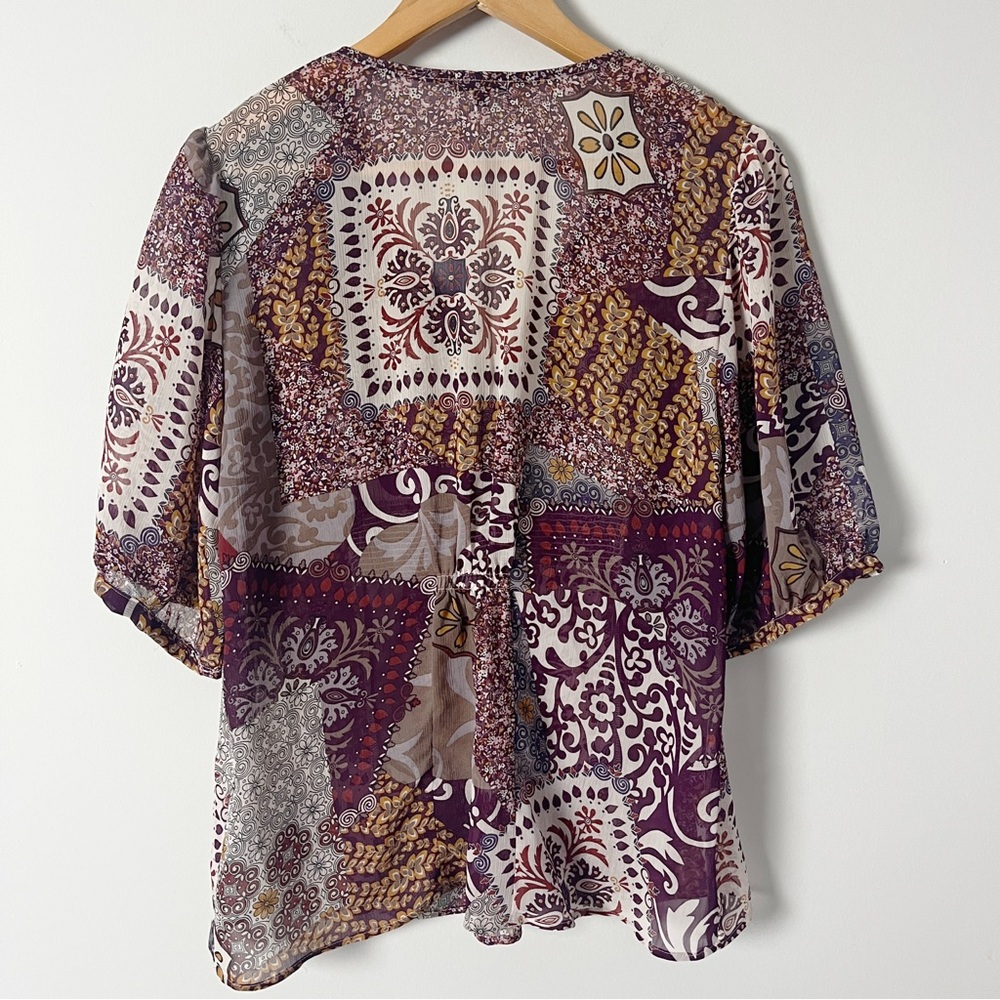2/$14 Left of Center Brown Boho Sheer Peasant Top Large Paisley V-Neck - Picture 3 of 7